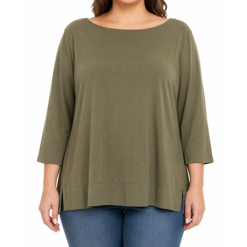 J Jill Womens Plus 1X Olive Green Mixed Media Boatneck 3/4 Sleeve Tunic Top